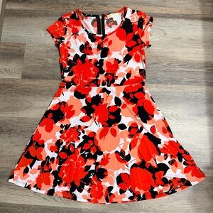 Michael Kors Red, Black & White Floral Fit-and-Flare Mini Dress